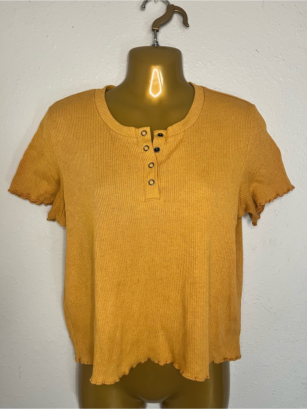 Mustard Ribbed Henley Tee - Short Sleeve